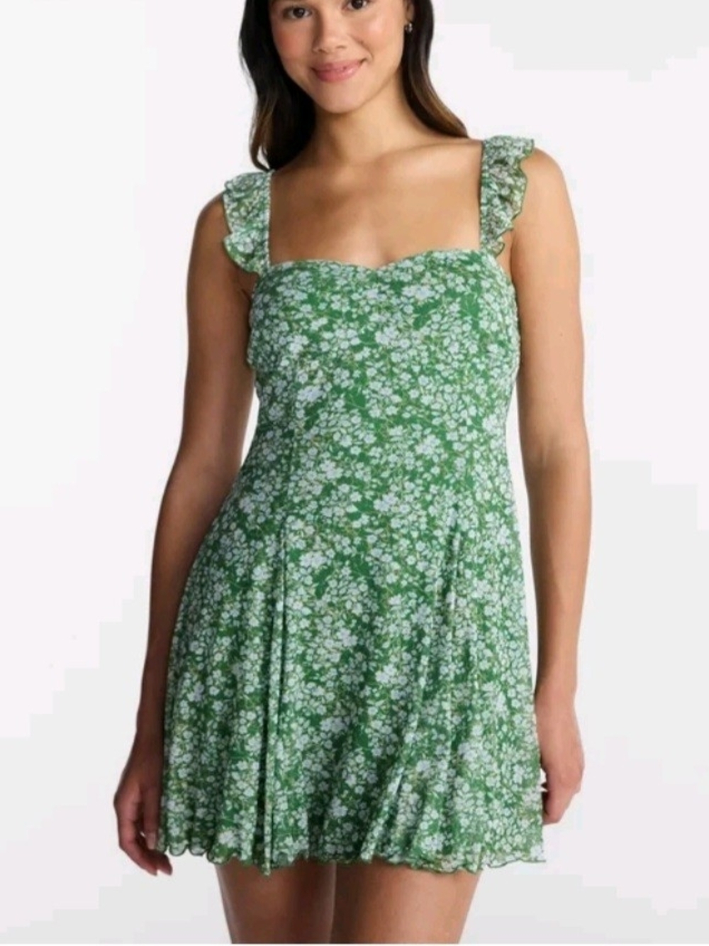 No Boundaries Green Floral Square-Neck Mini Dress